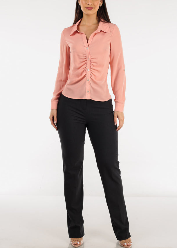 Long Sleeve Button Down Ruched Collared Dusty Pink
