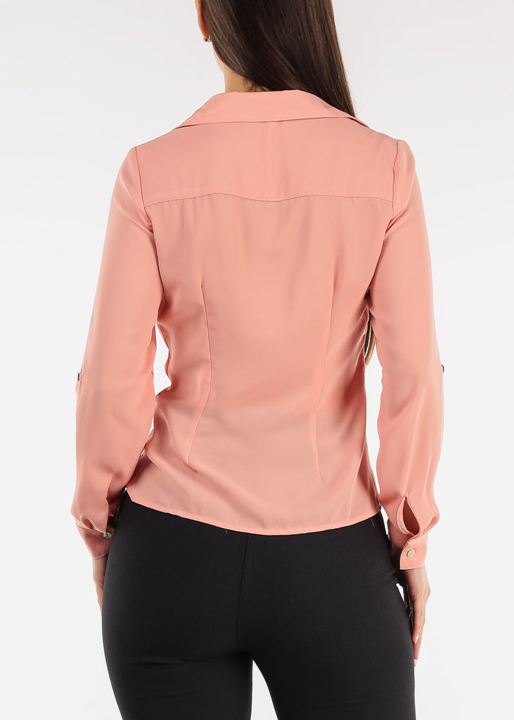 Long Sleeve Button Down Ruched Collared Dusty Pink