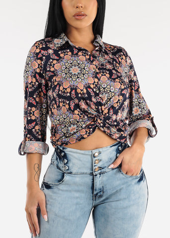 Image of Button up Knot Front Abstract Shirt