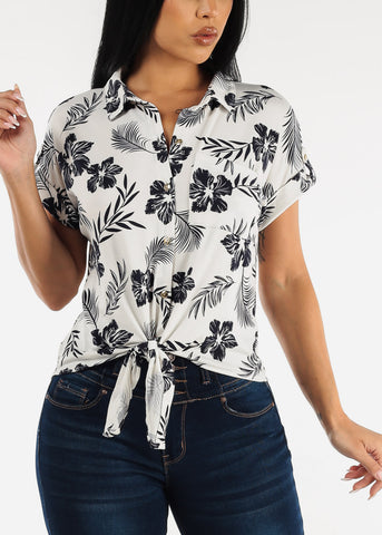 Image of Short Sleeve Tie Front Button Up Floral Shirt White