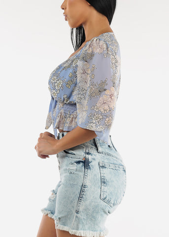 Image of Front Knot Ruffle Hem Floral Crop Top Blue