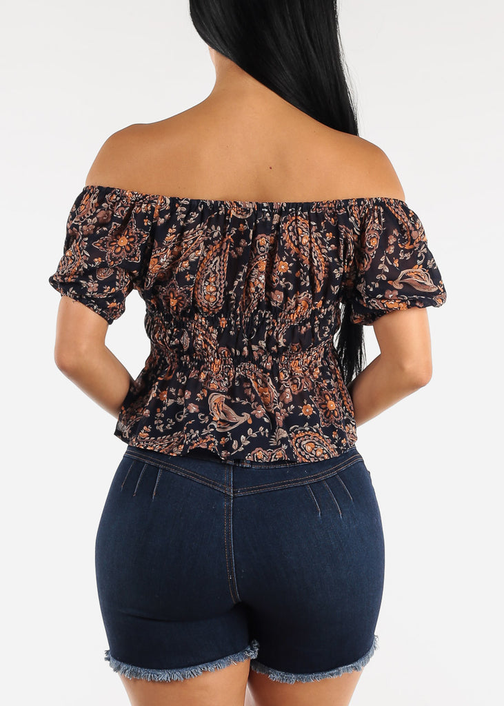 Navy Off Shoulder Blouse with Spandex Waist