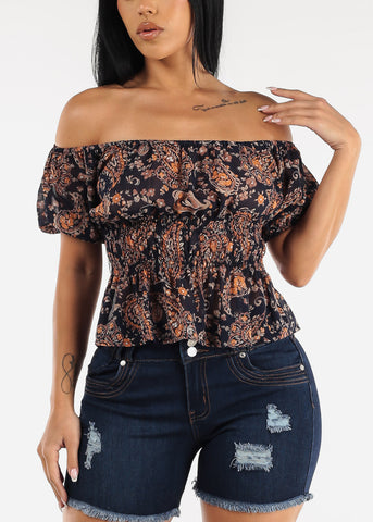 Image of Navy Off Shoulder Blouse with Spandex Waist