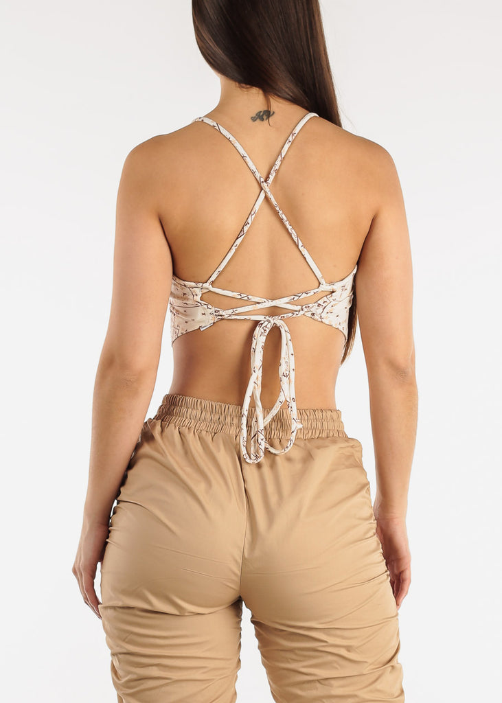 Strappy Open Back Printed Crop Top Ivory