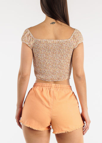 Image of Off Shoulder Lace Up Floral Top Taupe