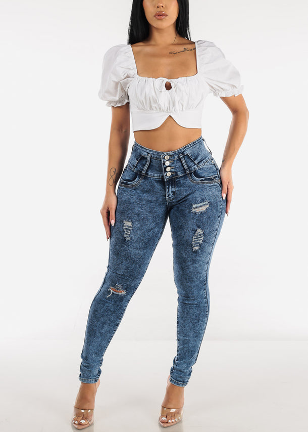 White Square Neck Short Sleeve Crop Top