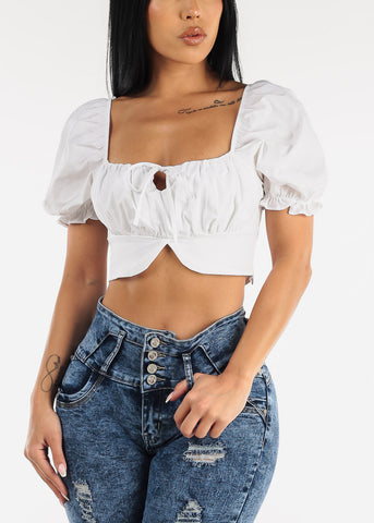 Image of White Square Neck Short Sleeve Crop Top
