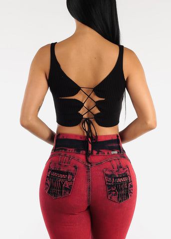 Image of Black Open Back Knit Stretchy Crop Top