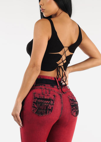 Image of Black Open Back Knit Stretchy Crop Top