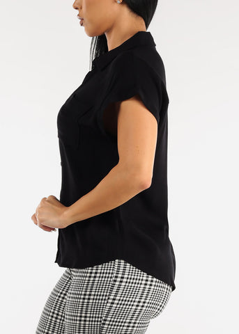 Image of Black Cap Sleeve Button Down Woven Shirt