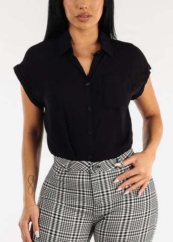 Image of Black Cap Sleeve Button Down Woven Shirt