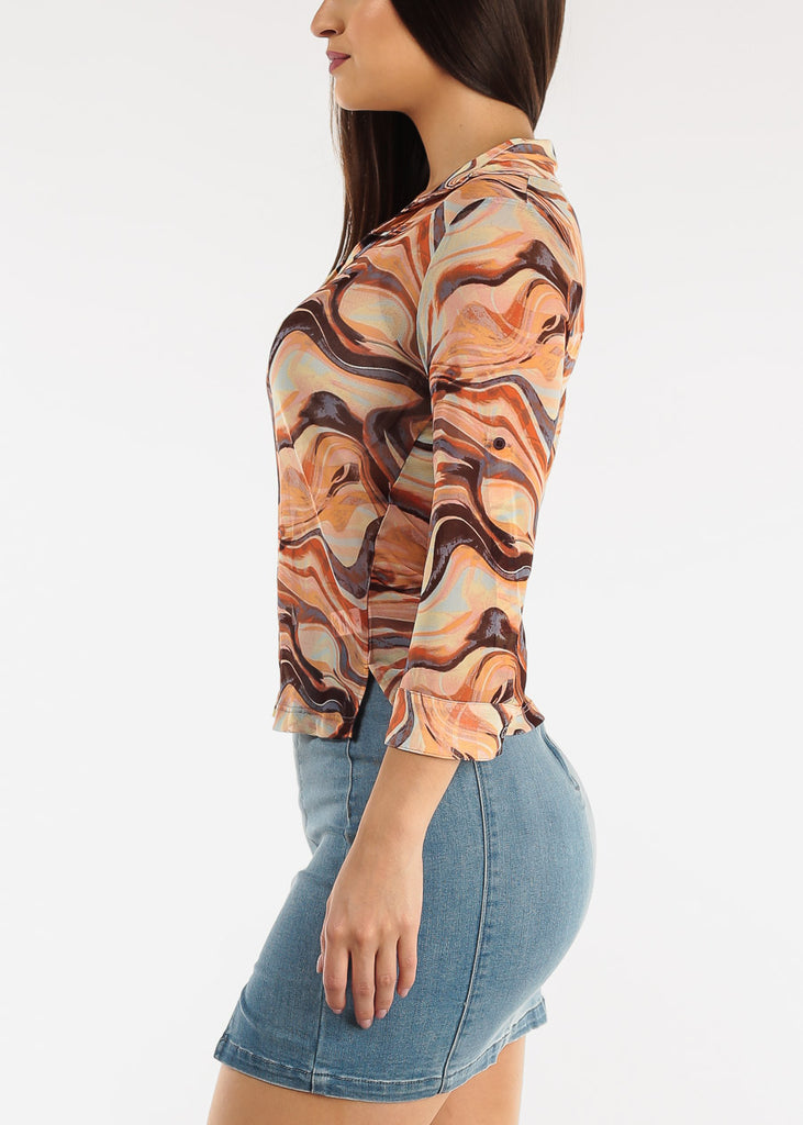 Stretchy Button Up Orange Marble Shirt