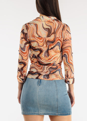 Image of Stretchy Button Up Orange Marble Shirt