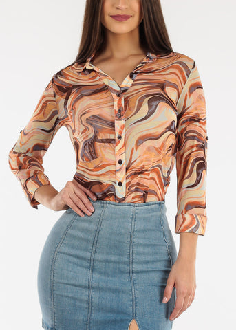 Image of Stretchy Button Up Orange Marble Shirt