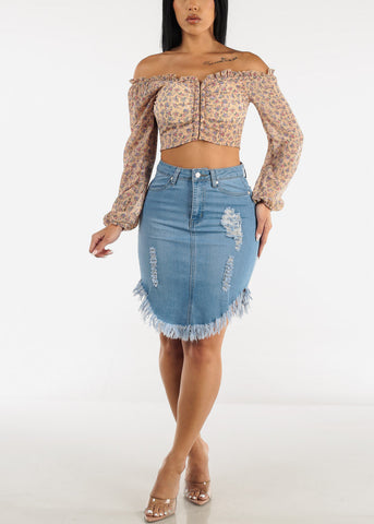 Image of Off Shoulder Long Sleeve Floral Cropped Blouse Taupe