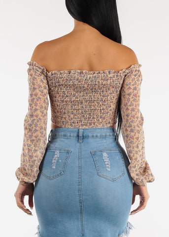 Image of Off Shoulder Long Sleeve Floral Cropped Blouse Taupe
