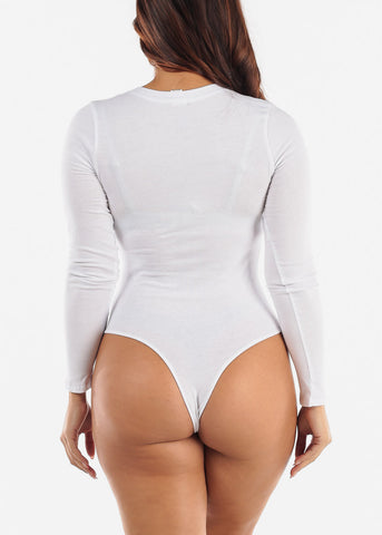 Image of White Long Sleeve V Neck Thong Bodysuit