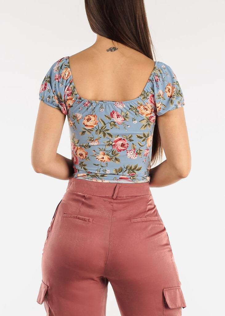 Ruched Short Sleeve Floral Top Blue