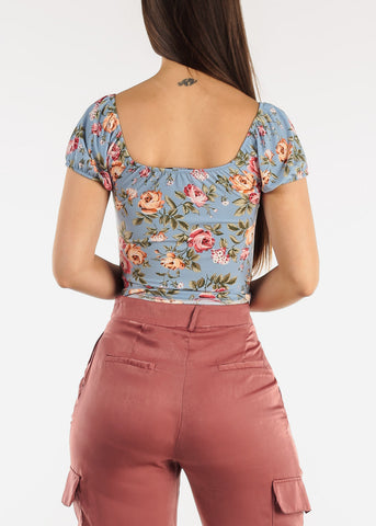 Image of Ruched Short Sleeve Floral Top Blue
