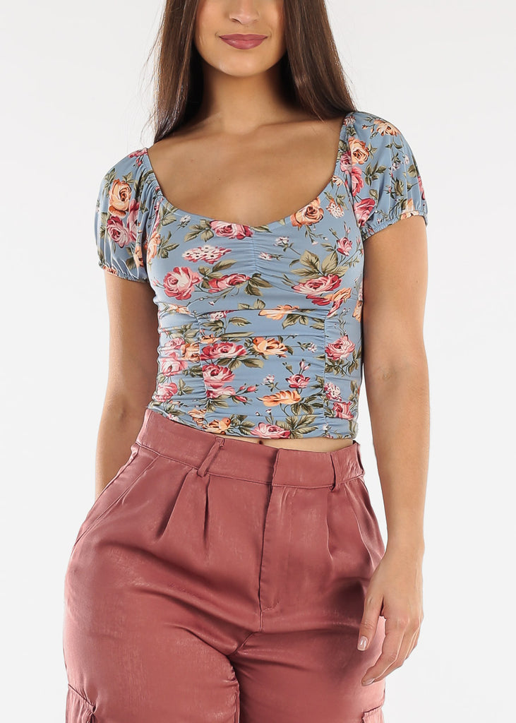 Ruched Short Sleeve Floral Top Blue