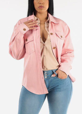 Image of Cotton Long Sleeve Pink Denim Shacket