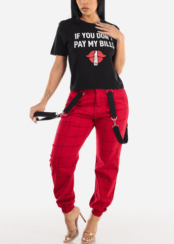 Image of High Waisted Red Plaid Jogger Pants w Straps