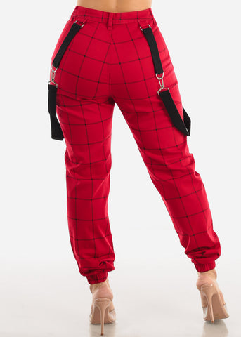 Image of High Waisted Red Plaid Jogger Pants w Straps