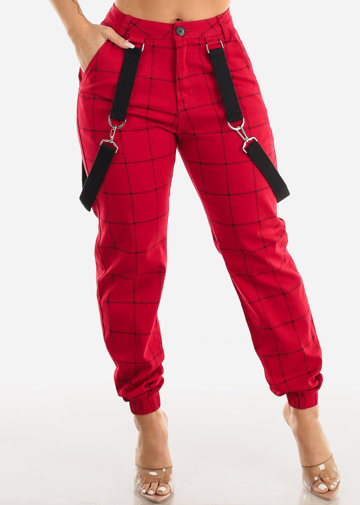 High Waisted Red Plaid Jogger Pants w Straps