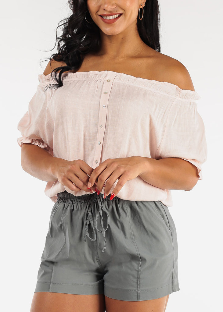 Off Shoulder Button Front Rayon Top Light Pink