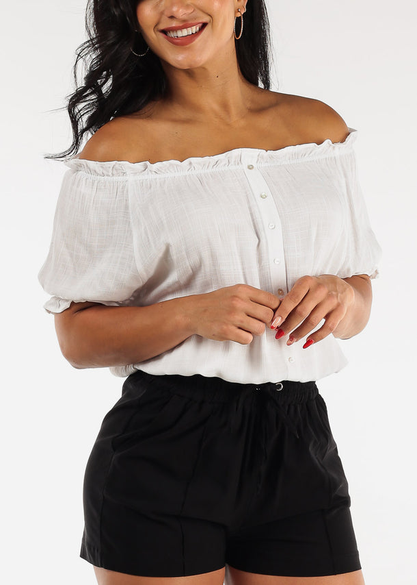 Off Shoulder Button Front Rayon Top Off White