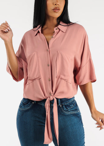 Image of Short Sleeve Tie Front Button Up Tunic Shirt Mauve