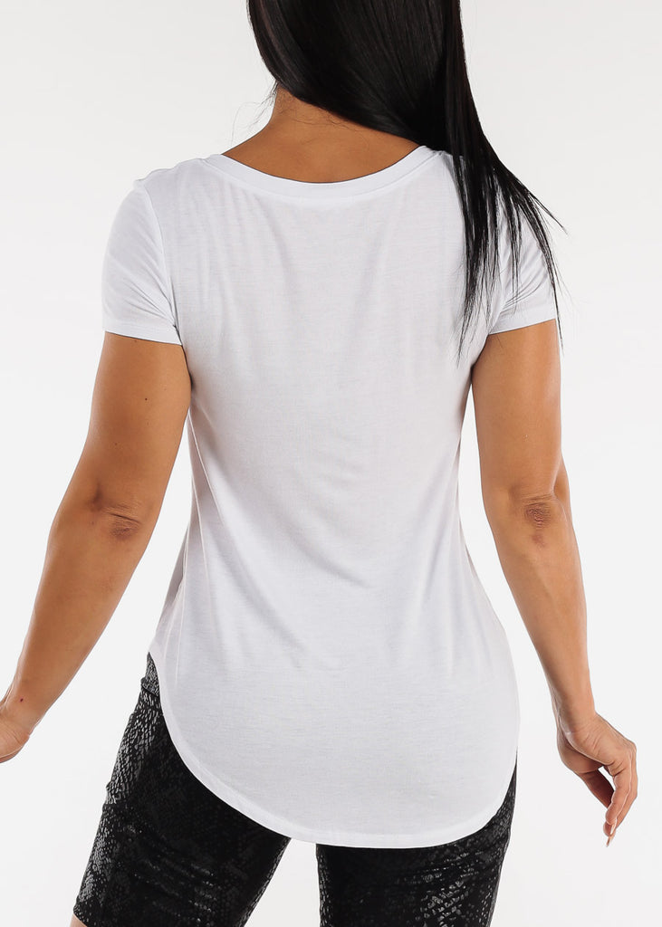 White Short Sleeve Round Hem Relax Fit Tunic Top