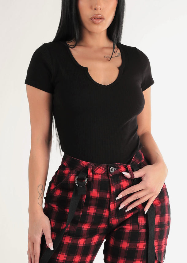 Black Short Sleeve Notched Ribbed Top