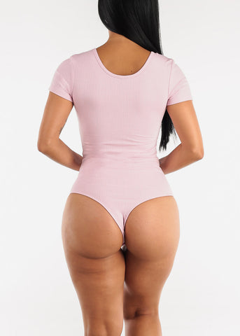 Image of Short Sleeve Notched Ribbed Bodysuit Pink
