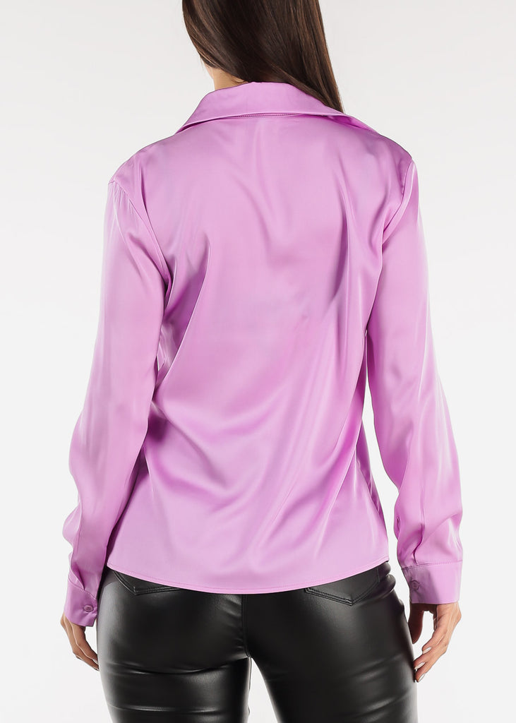Long Sleeve Button Down Satin Shirt Lilac