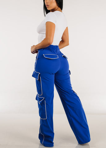 Image of High Waisted Cargo Jogger Pants Royal Blue w Contrast Seam