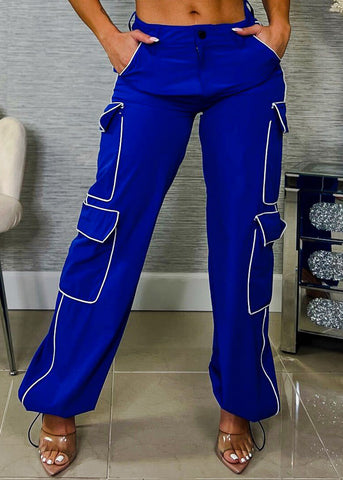 Image of High Waisted Cargo Jogger Pants Royal Blue w Contrast Seam