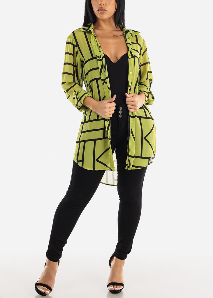 Long Sleeve Button Up See Through Printed Tunic Shirt Neon Green