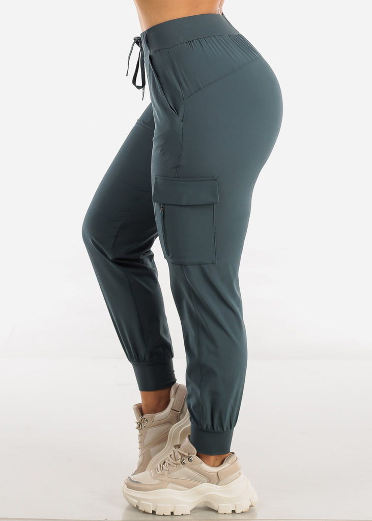 Blue High Waisted Active Cargo Jogger Pants