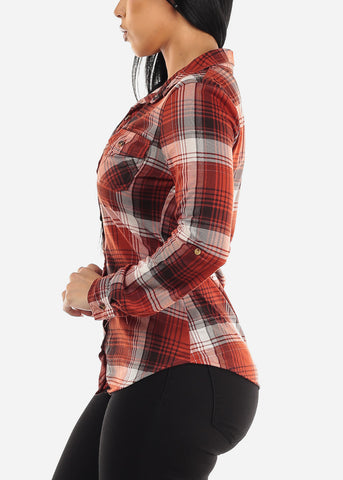 Image of Long Sleeve Button Up Plaid Shirt Rust & Ivory