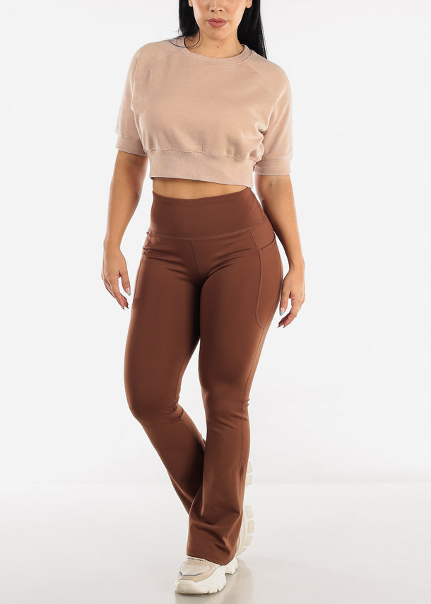 High Waisted Activewear Flared Leggings Brown w Phone Pocket