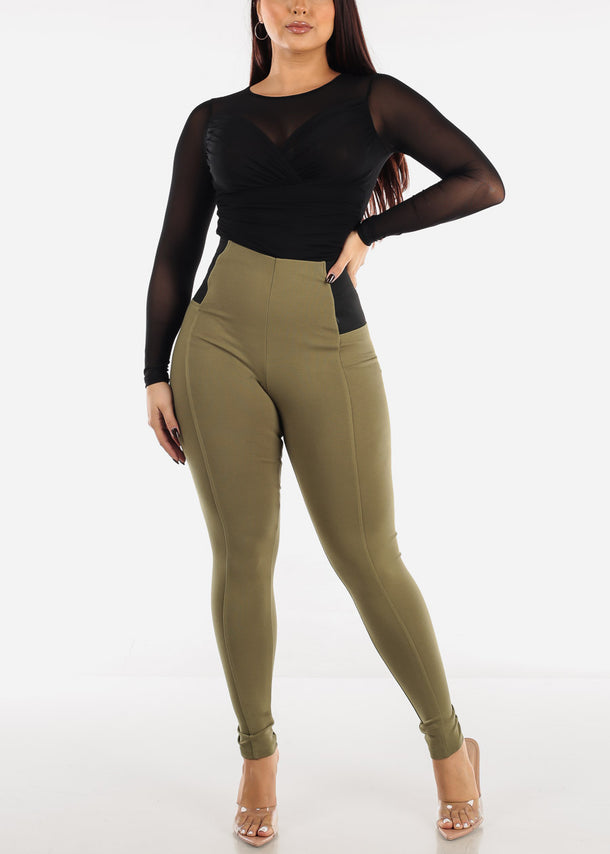 High Waisted Olive Pants w Spandex Sides