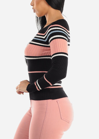 Image of Long Sleeve Multi Stripe Sweater Black & Mauve