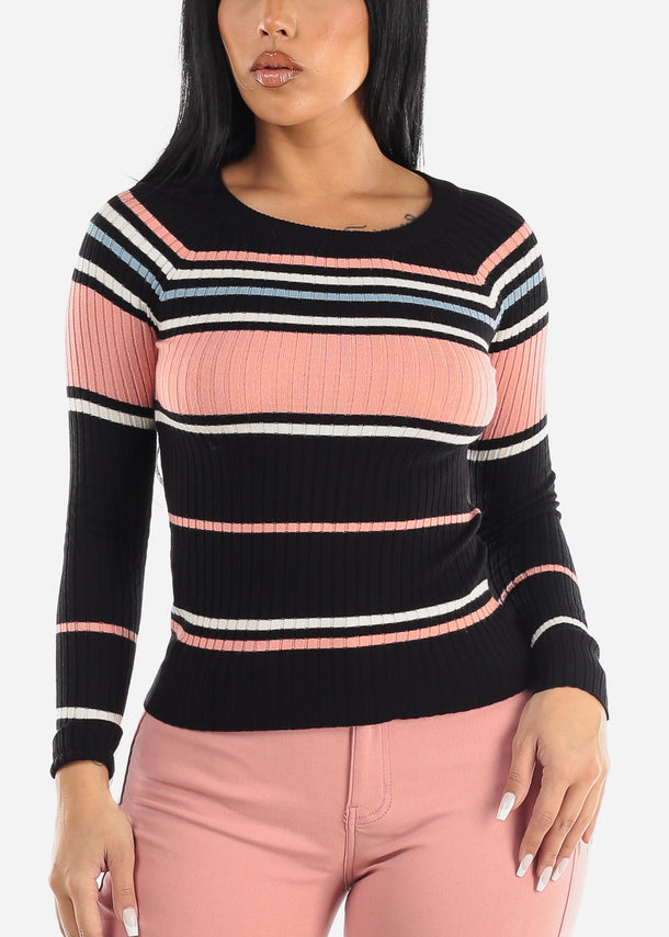 Long Sleeve Multi Stripe Sweater Black & Mauve