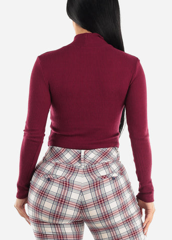 Image of Long Sleeve Mock Neck Cropped Sweater Top Burgundy