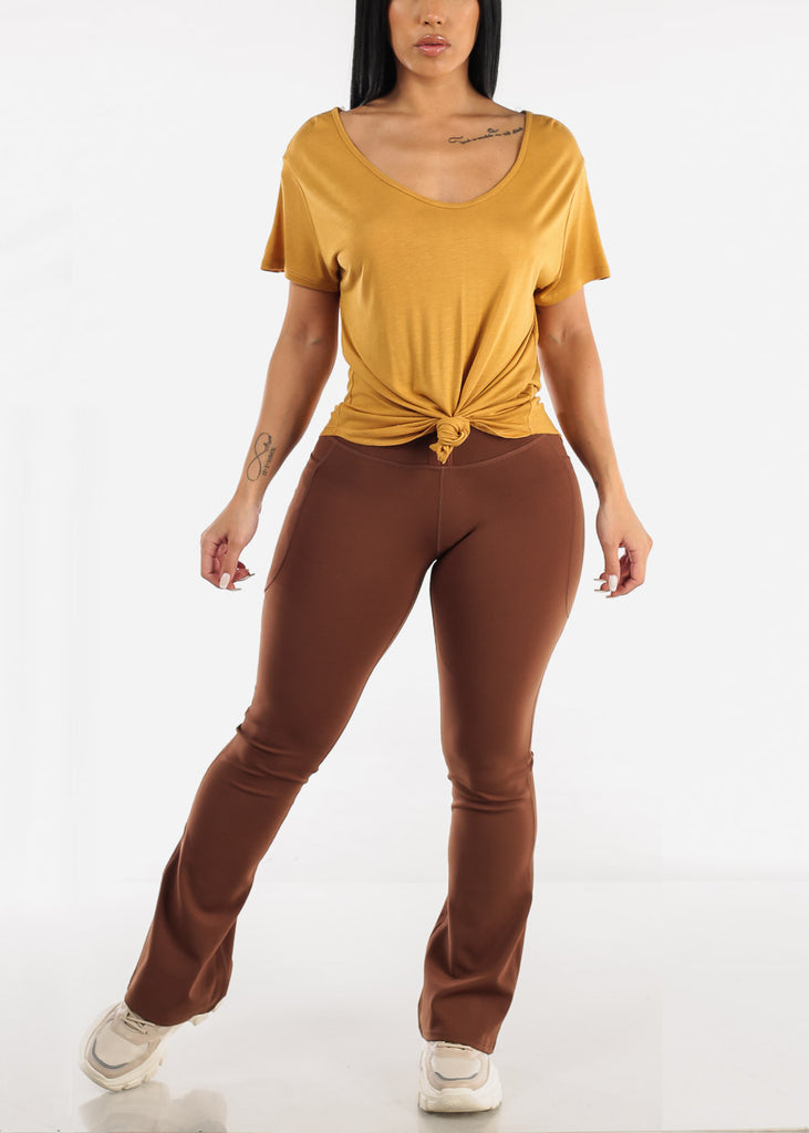 High Waisted Corset Flared Leggings Brown