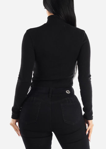 Image of Black Long Sleeve Mock Neck Cropped Sweater Top