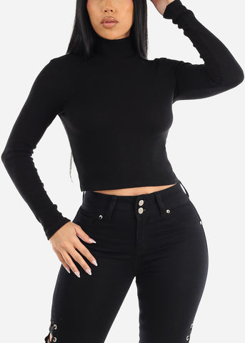 Image of Black Long Sleeve Mock Neck Cropped Sweater Top