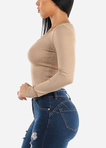 Image of Ribbed Knit Long Sleeve Top Beige