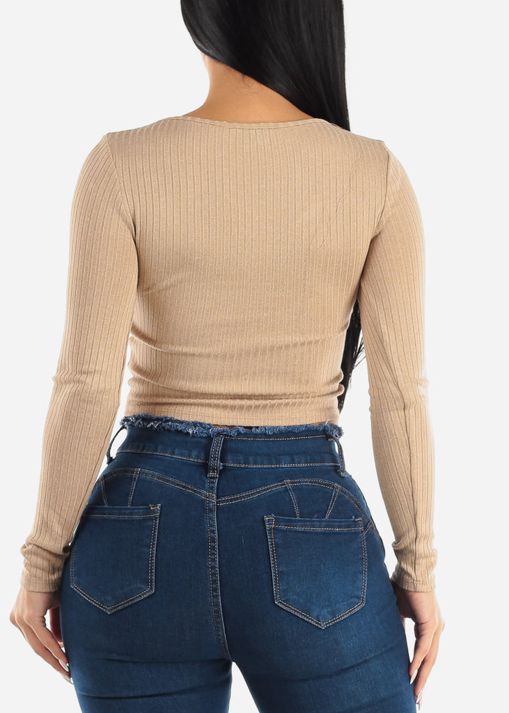 Ribbed Knit Long Sleeve Top Beige